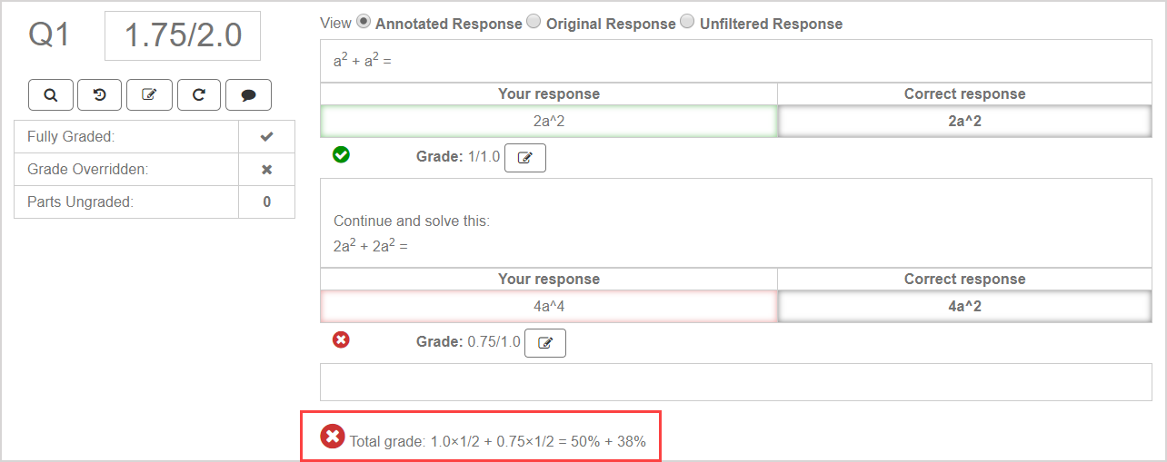 The total grade calculation in the question pane shows the new part grade value as included.